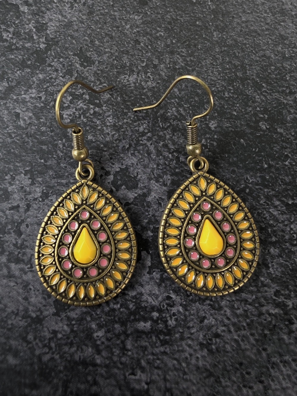 Vintage Bronze Enamel Mandala Dangle Statement Earrings Boho Jewelry Yellow